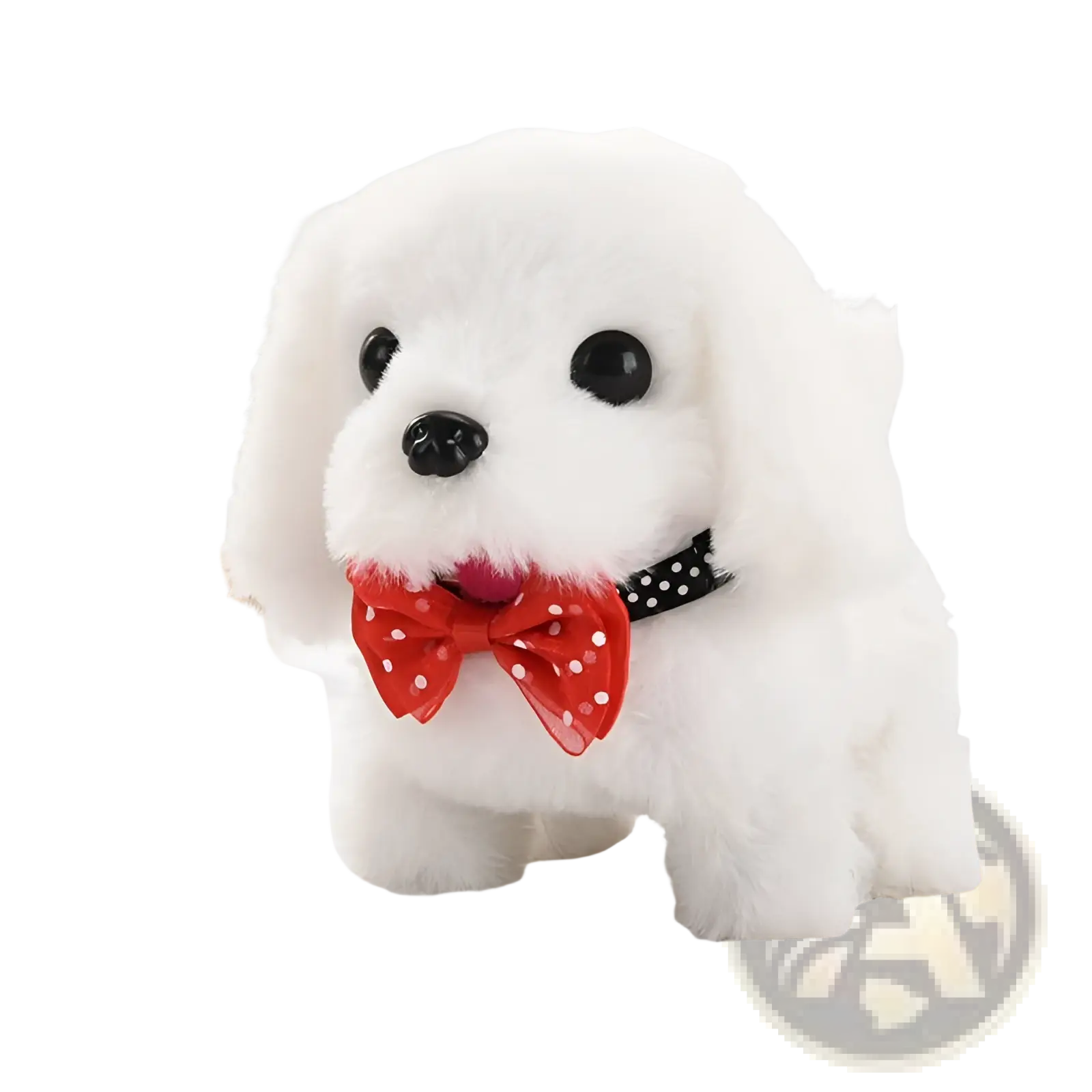 Interactive electric plush dog toy white with black button eyes and red polka-dot bow tie for children