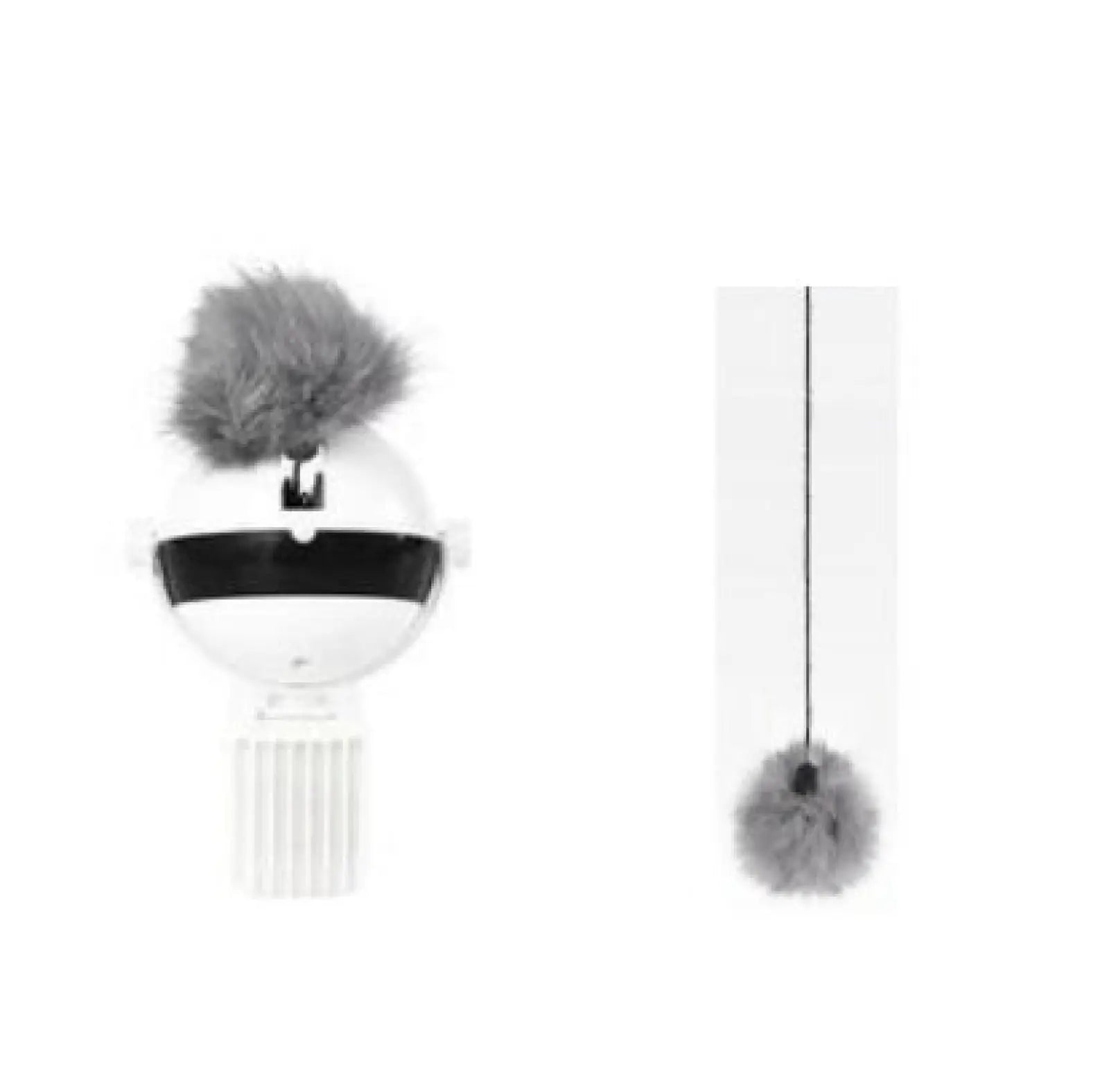 Interactive electronic motion cat toy featuring white and black design with gray fuzzy pom-poms for pets