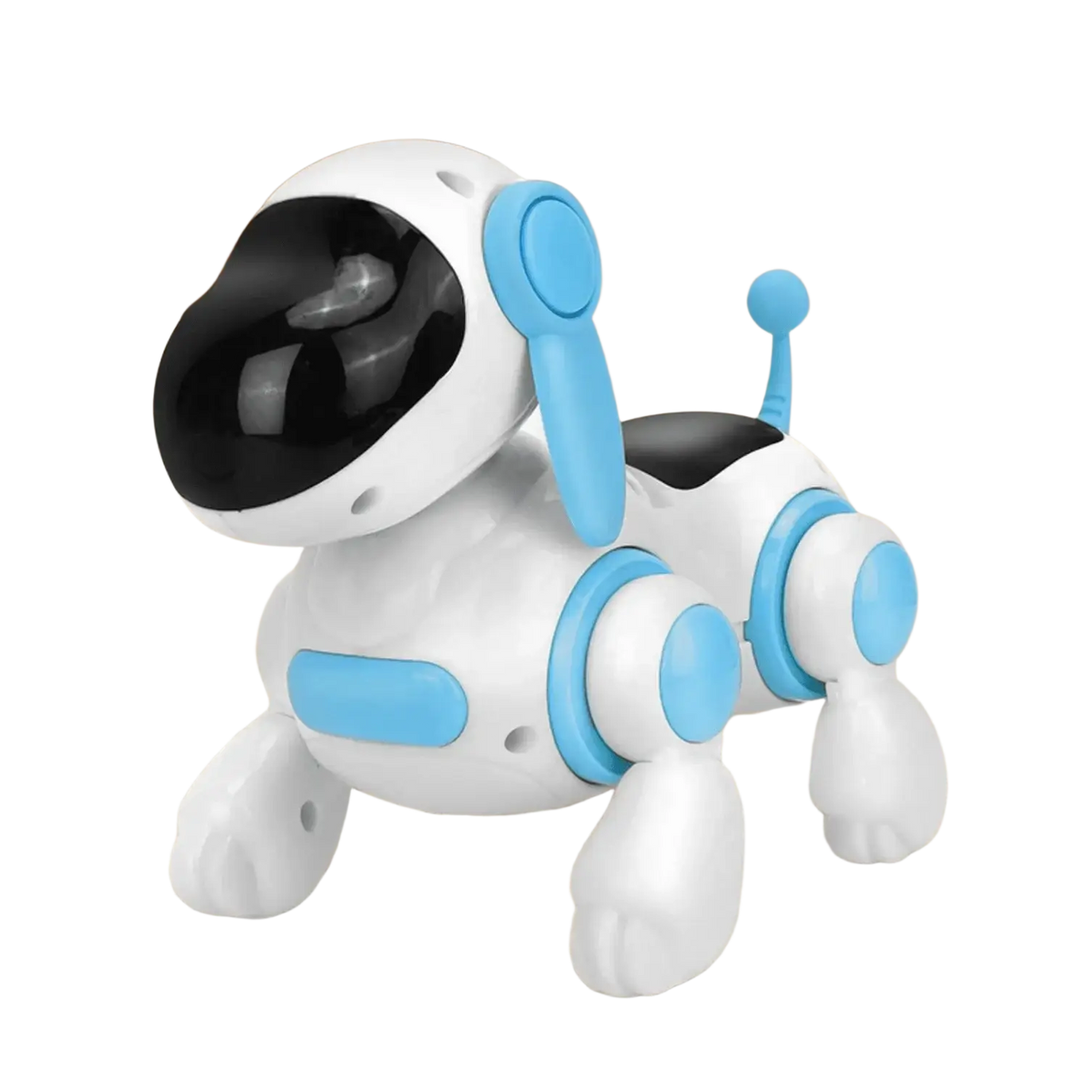 White and blue interactive electronic robot dog toy with lights music black visor plastic construction