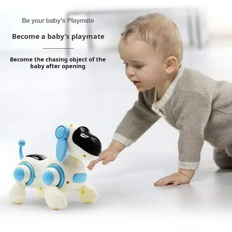 Interactive electronic white and blue robotic dog toy with black eyes featuring lights and music for play