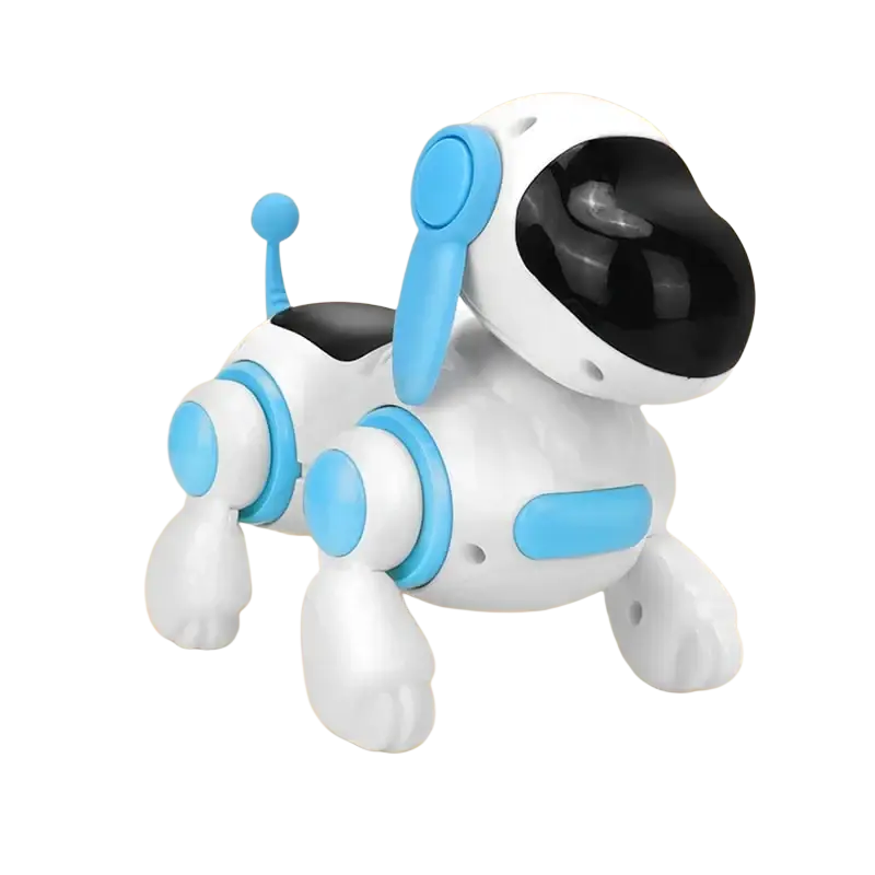 Interactive electronic robot dog toy with lights and music featuring a white and blue body and black glossy face