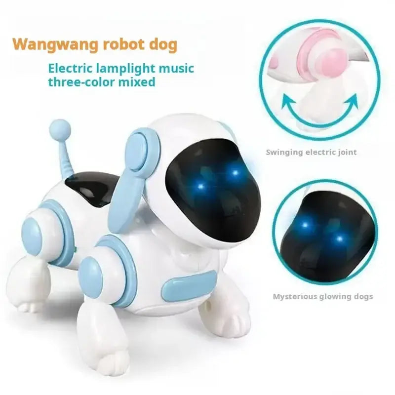 White and light blue interactive electronic robot dog toy with glowing blue eyes lights and music features