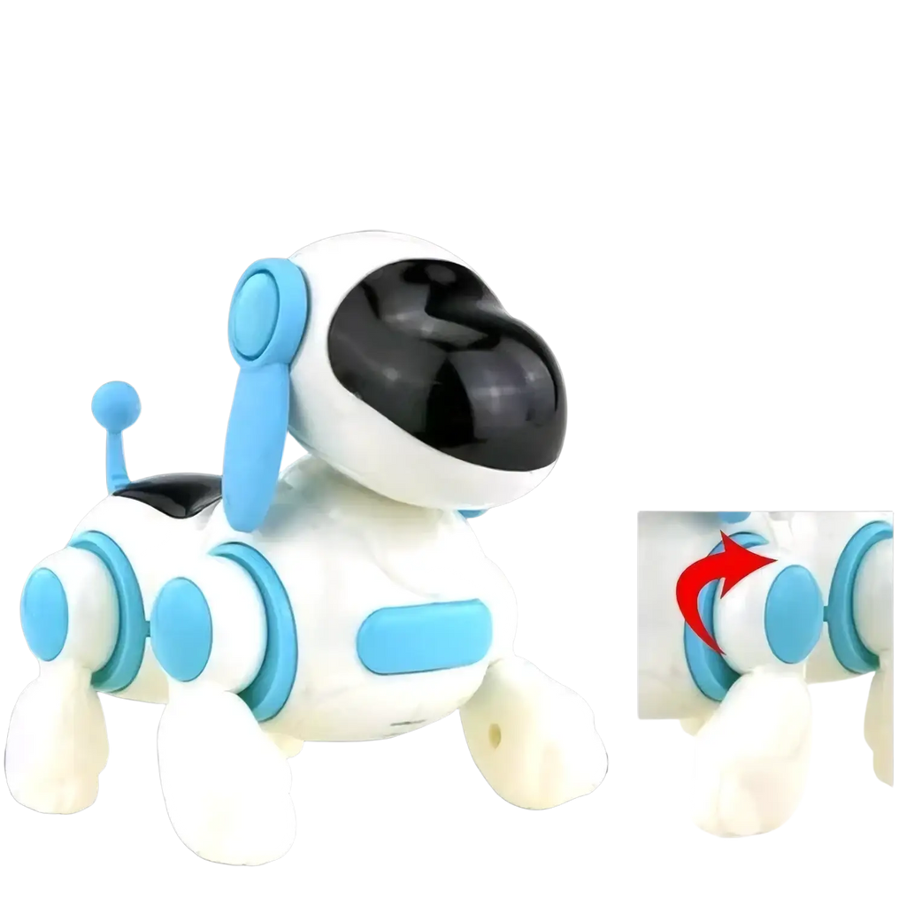 Interactive electronic robot dog toy in white and light blue with swinging electric joints and black glossy eyes