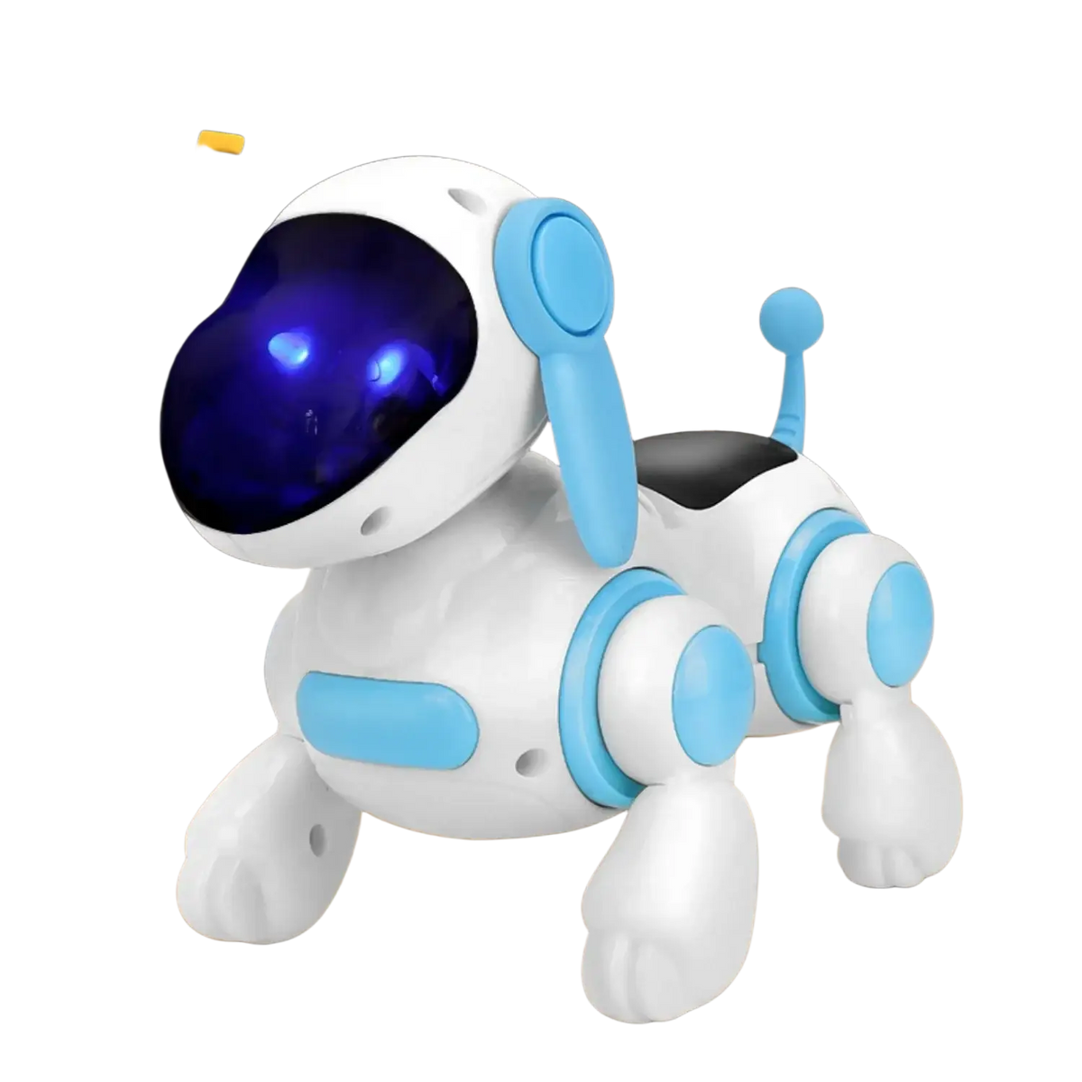 Interactive electronic robot dog toy in white and light blue with a glowing purple visor featuring lights and music
