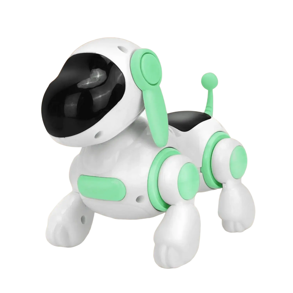 Interactive electronic robot dog toy in white and mint green with black visor plastic joints lights and music features
