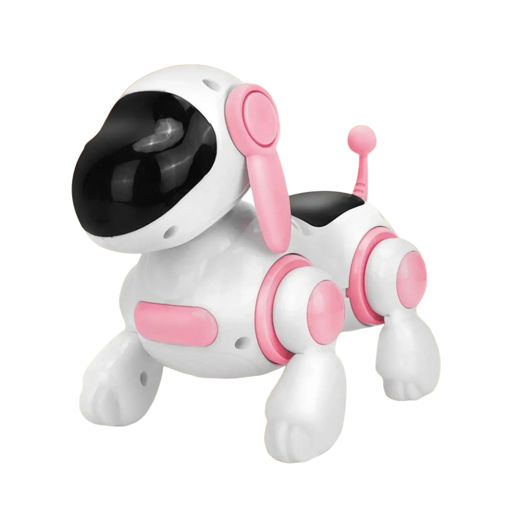 Interactive electronic robot dog toy with lights and music in white and pink with black visor and pink accents