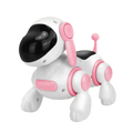 Interactive electronic robot dog toy with lights and music in white and pink with black visor and pink accents