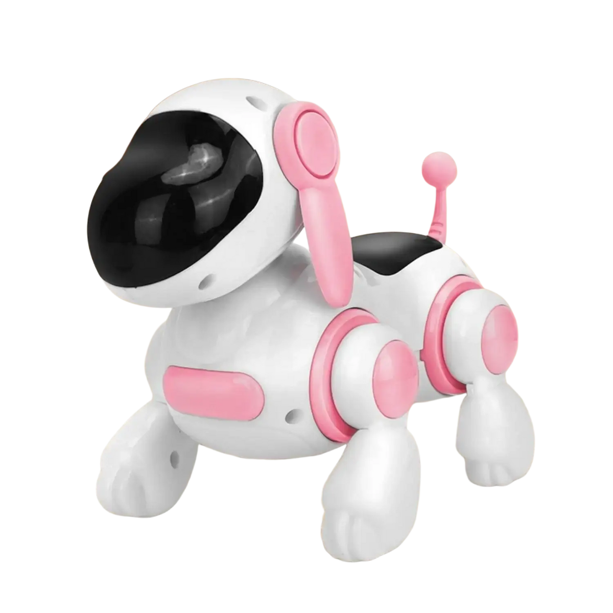Interactive electronic robot dog toy with lights and music in white and pink with black visor and pink accents