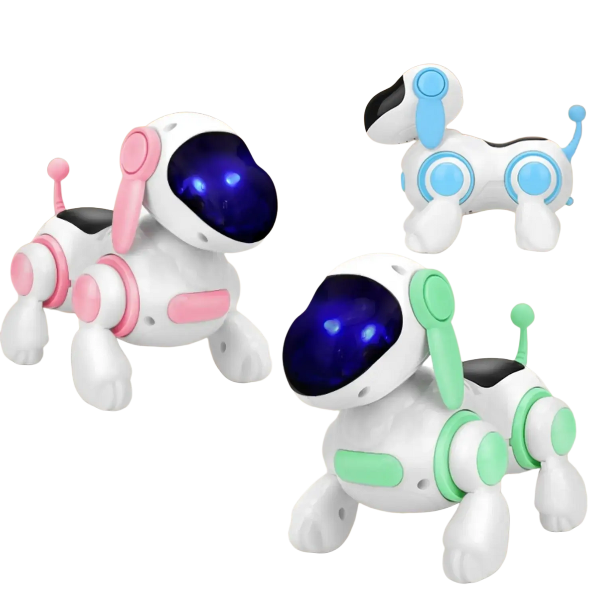 Interactive electronic robot dog toys with glowing blue eyes, white body, soft rubber ears and tail, and colorful accents