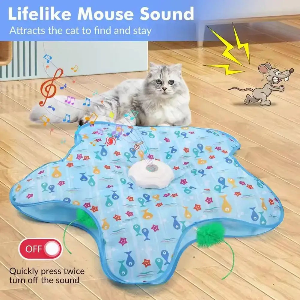 Blue star-shaped interactive feather teaser cat toy mat with cloth cover and central white speaker for mouse sounds