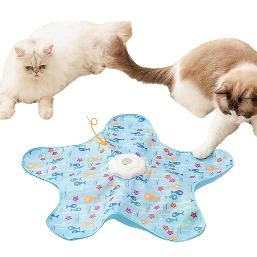 Blue star-shaped interactive feather teaser cat toy with cloth cover and colorful fish and stars pattern featuring white motor housing