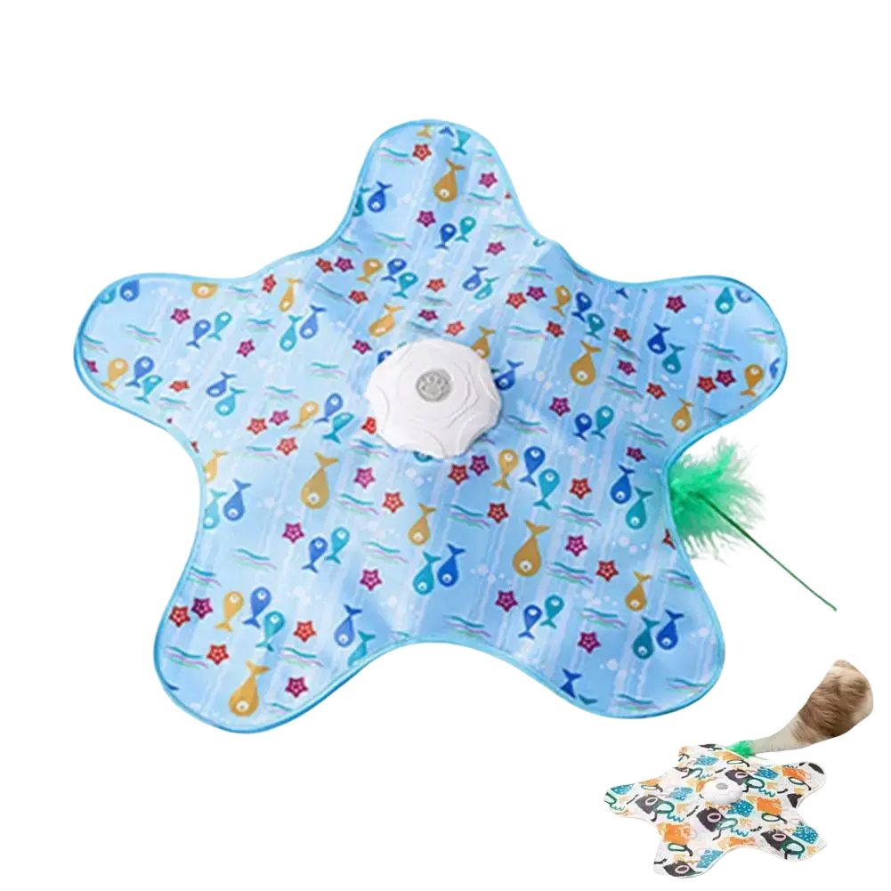 Interactive feather teaser cat toy with blue star shape cloth cover featuring colorful fish pattern and green feather wand