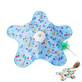 Interactive feather teaser cat toy with blue star shape cloth cover featuring colorful fish pattern and green feather wand