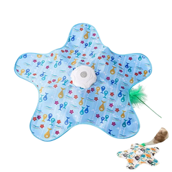Interactive feather teaser cat toy with blue star shape cloth cover featuring colorful fish pattern and green feather wand