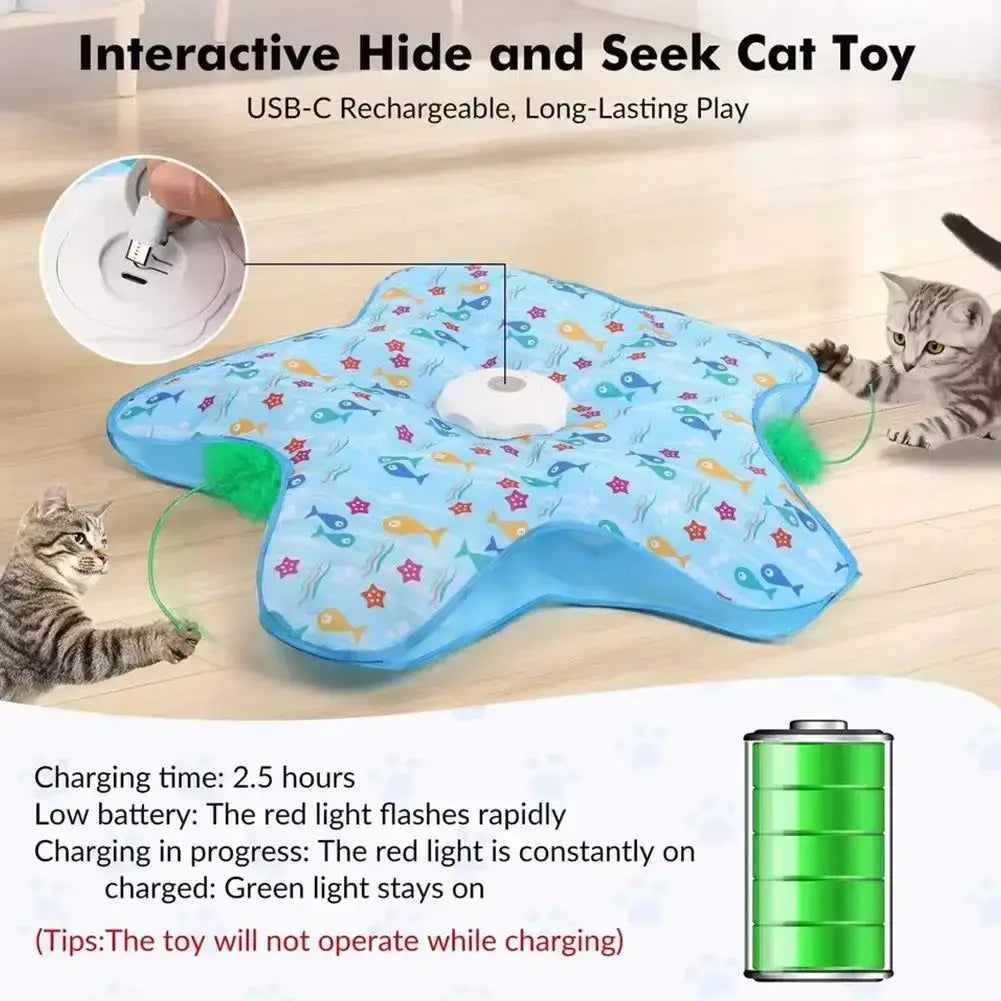 Blue star-shaped interactive feather teaser cat toy with cloth cover and green feather wands on either side