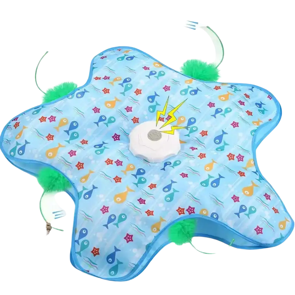 Interactive feather teaser cat toy with blue star shape cloth cover and colorful fish patterns with green fuzzy tails