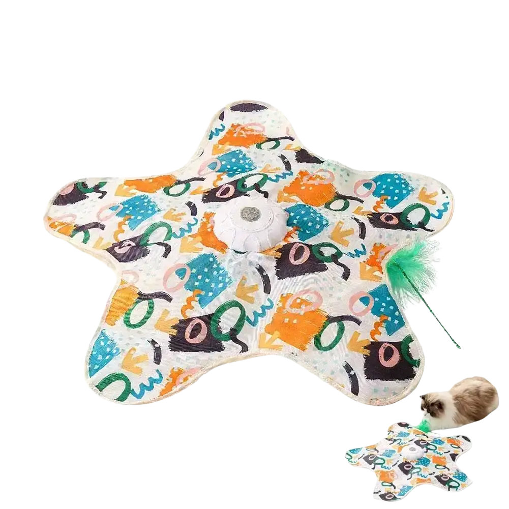 Colorful star-shaped interactive feather teaser cat toy with cloth cover featuring cartoonish eyes pattern