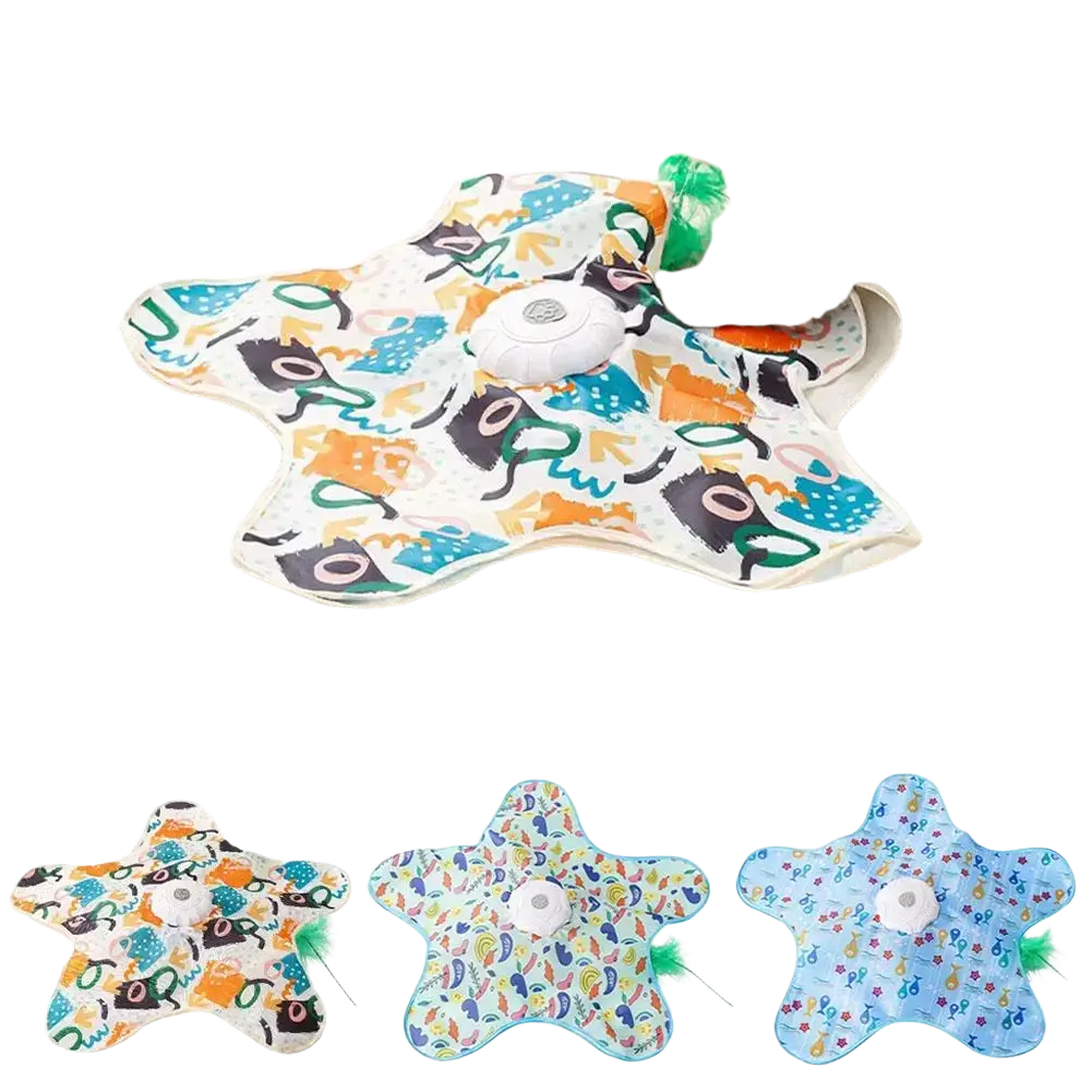 Colorful star-shaped electric hunting feather teaser cat toy with cloth cover and cartoon cat patterns and central white motor housing