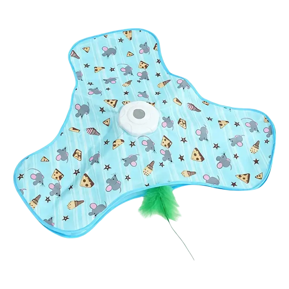 Light blue interactive feather teaser cat toy with cloth cover featuring playful gray mice cheese and ice cream patterns
