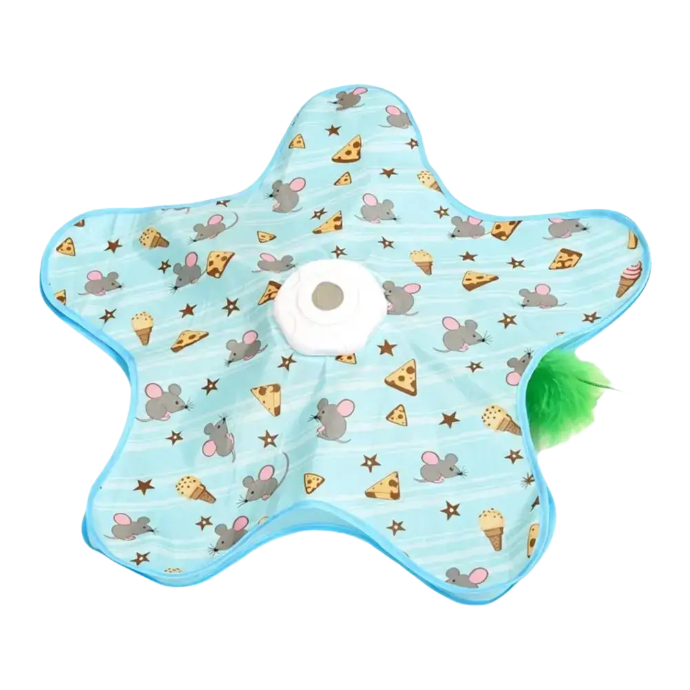 Light blue star-shaped interactive feather teaser cat toy with cloth cover patterned with mice cheese and ice cream cones