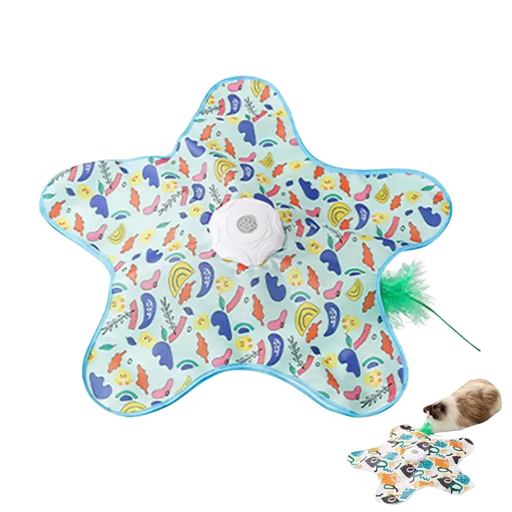 Interactive feather teaser cat toy featuring a light blue star-shaped cloth cover with colorful peppers and a green feather wand