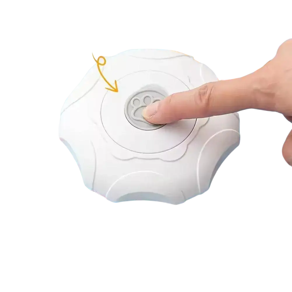 White round plastic interactive feather teaser cat toy with cloth cover and central paw-print button