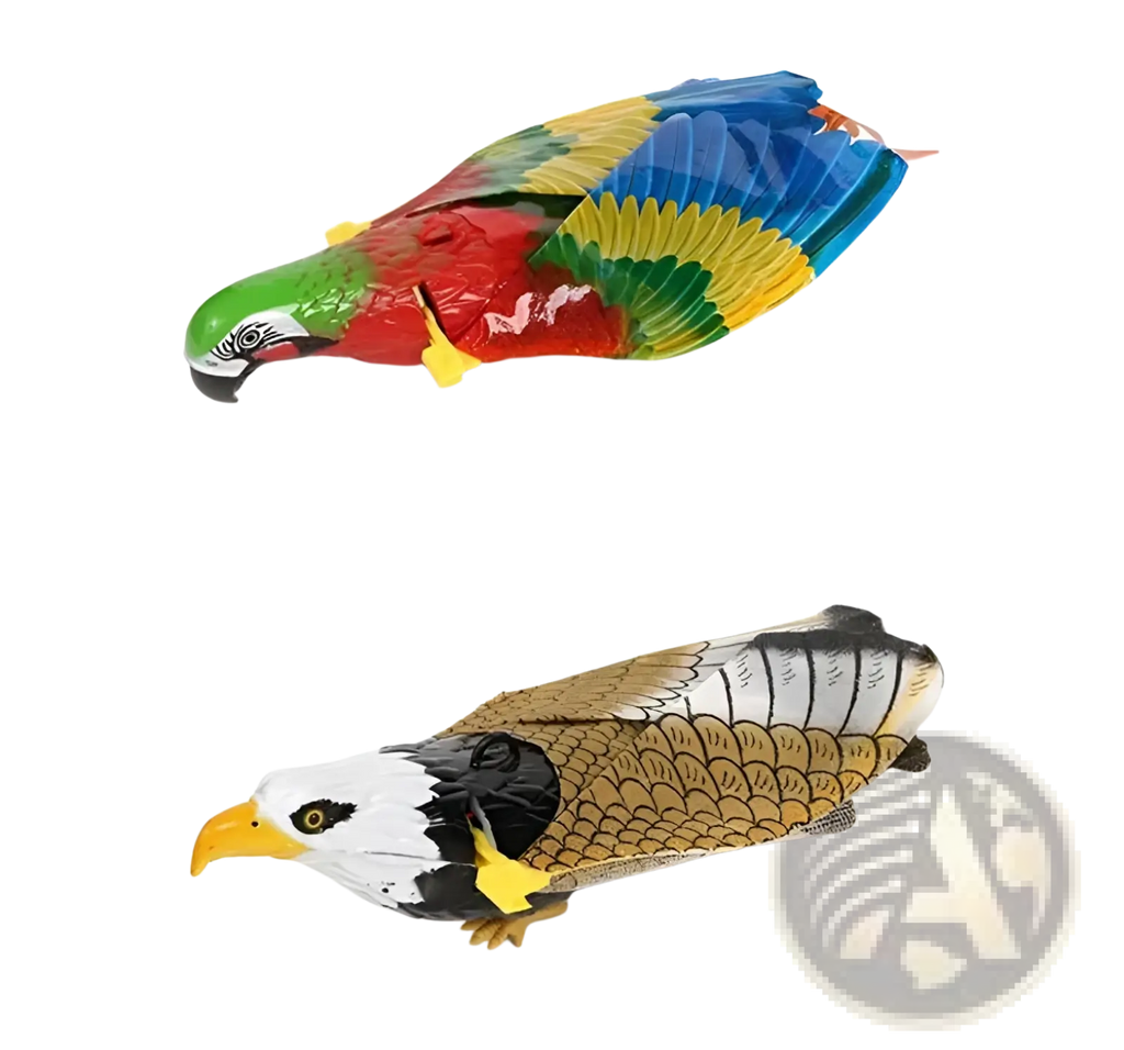 Interactive flying bird cat toy with vibrant red green blue parrot and white black gold eagle plastic birds