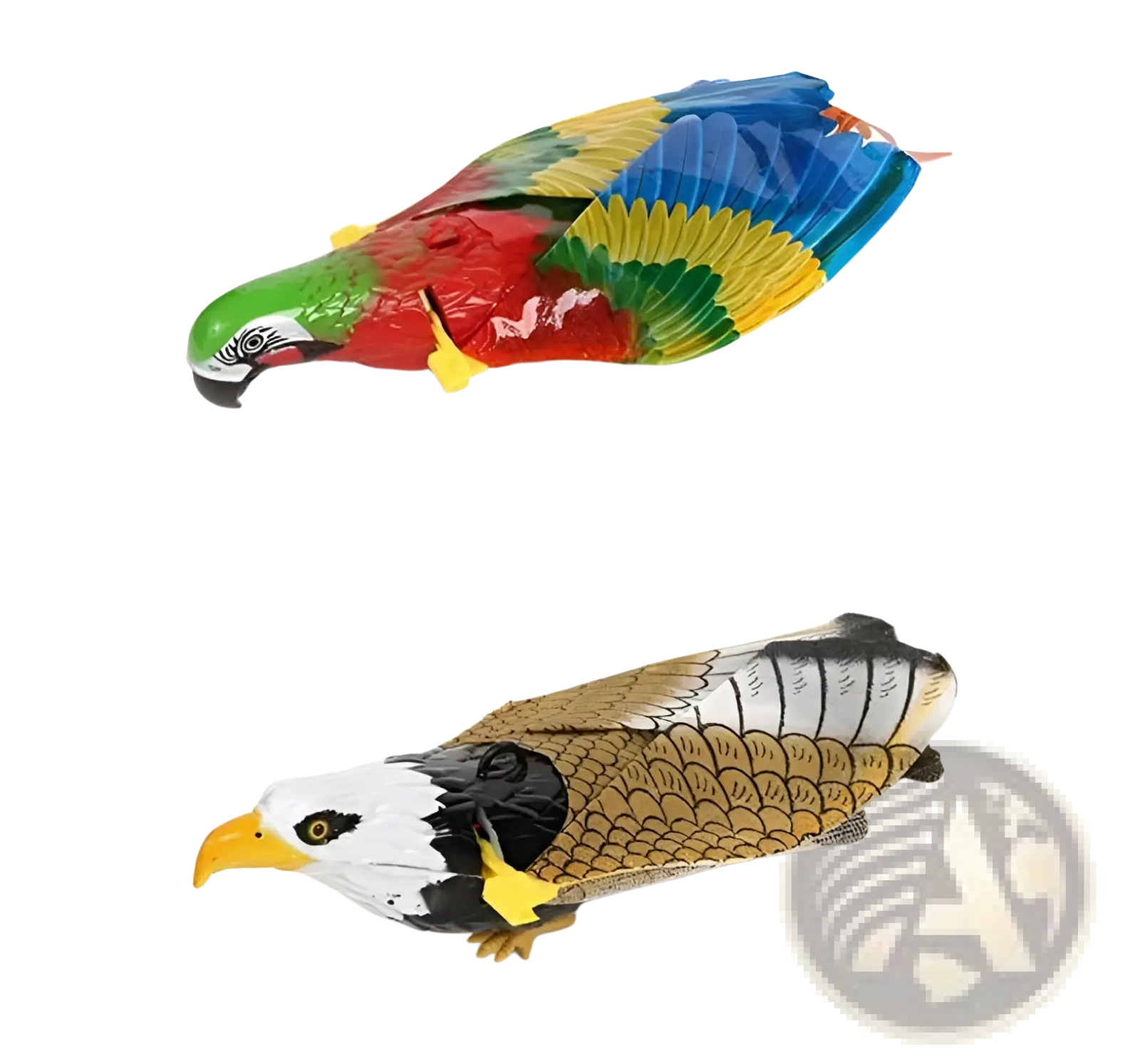 Interactive flying bird cat toy with vibrant red green blue parrot and white black gold eagle plastic birds