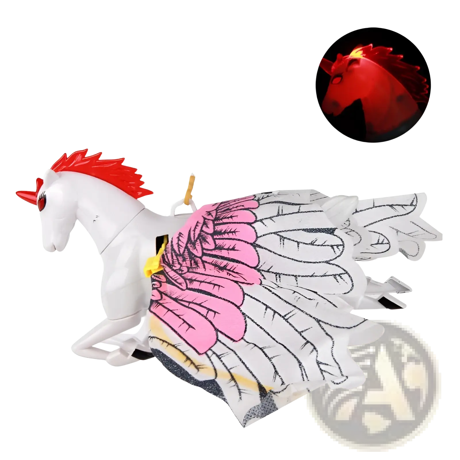 Interactive flying bird cat toy eagle featuring a white plastic unicorn with red mane and fabric pink white wings