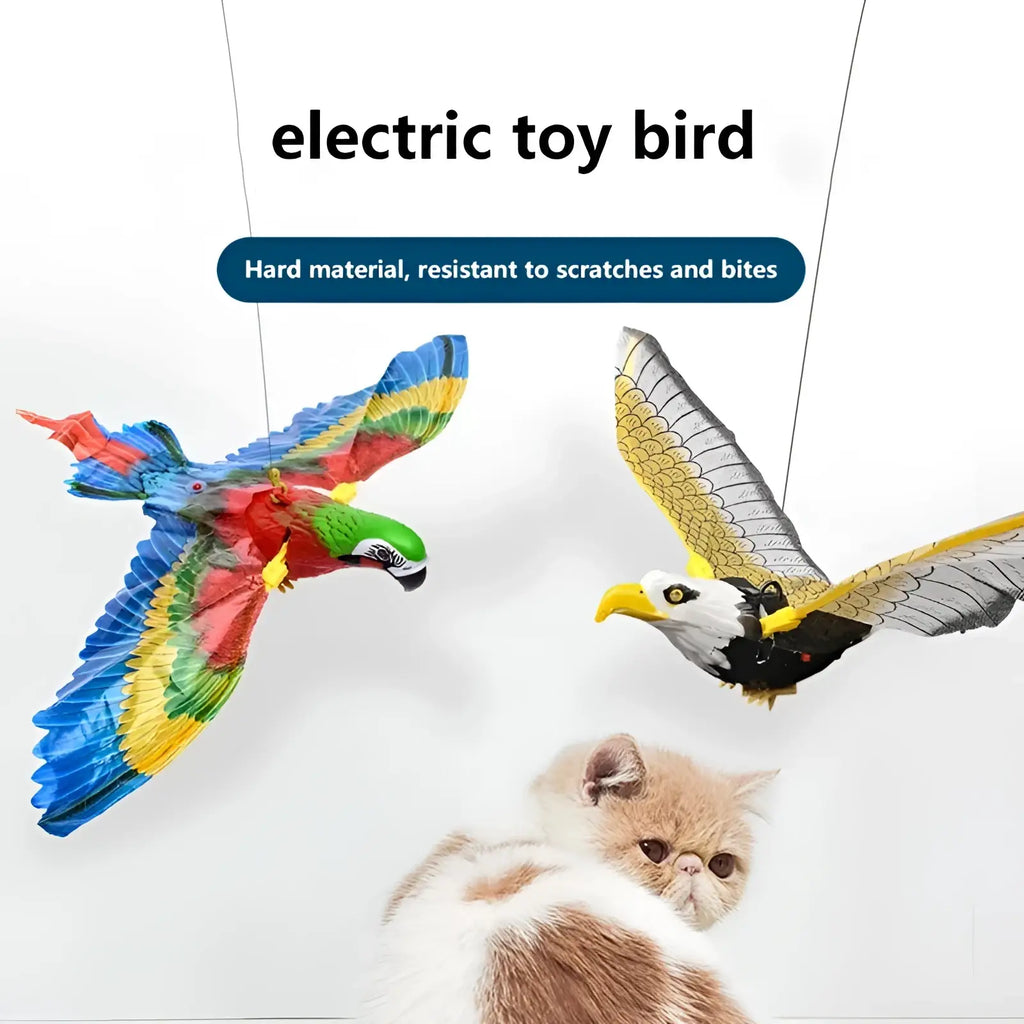 Interactive flying bird cat toy featuring vibrant hard plastic electric birds with colorful feather patterns and detailed wings