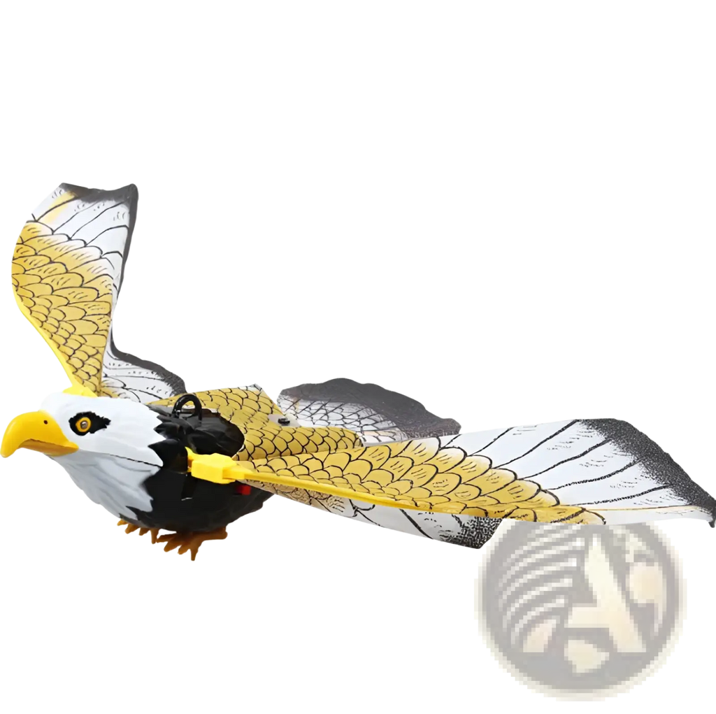 Interactive flying bird cat toy eagle made of plastic with yellow beak white head black body and gold feather wings