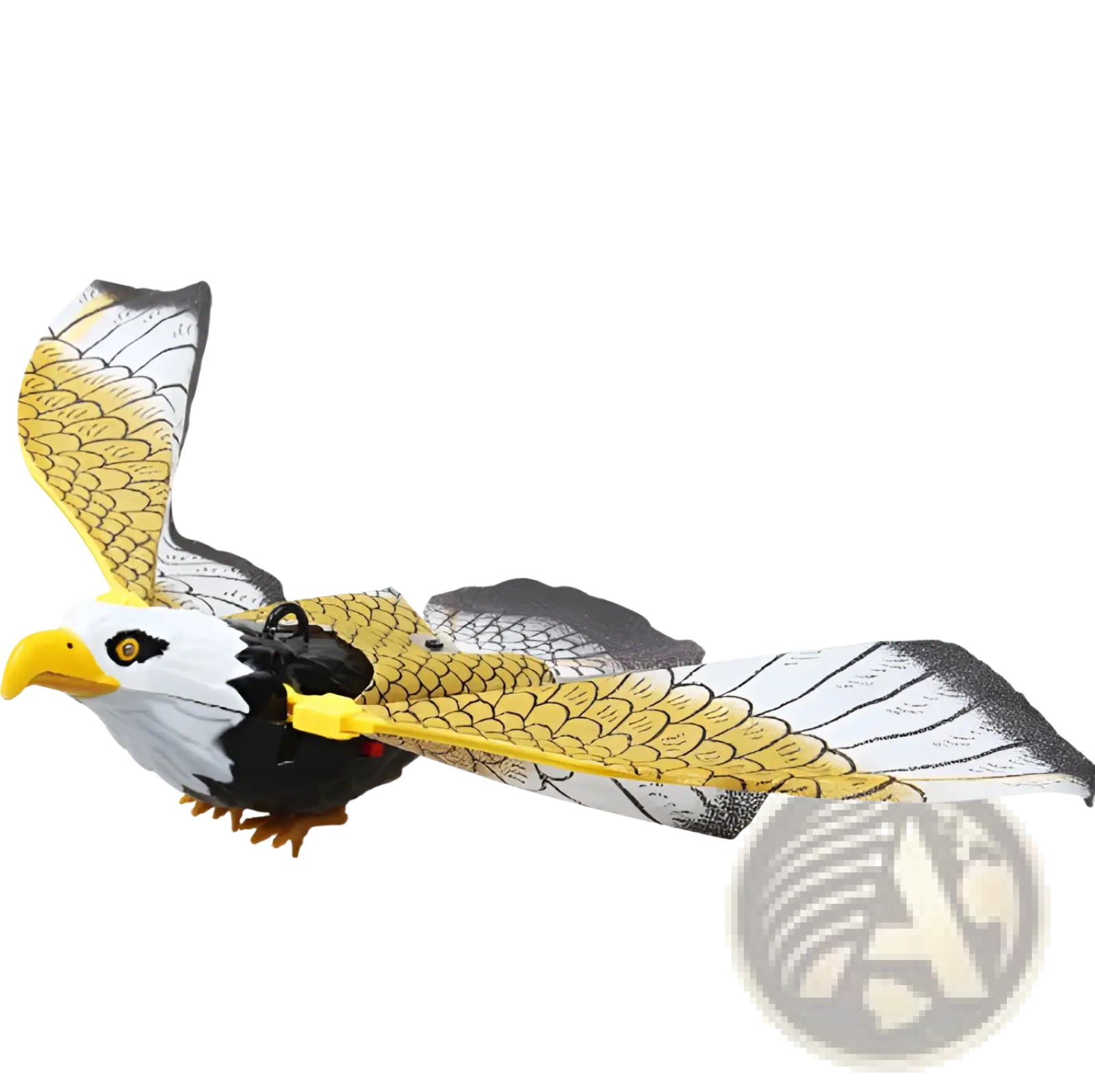 Interactive flying bird cat toy eagle made of plastic with yellow beak white head black body and gold feather wings