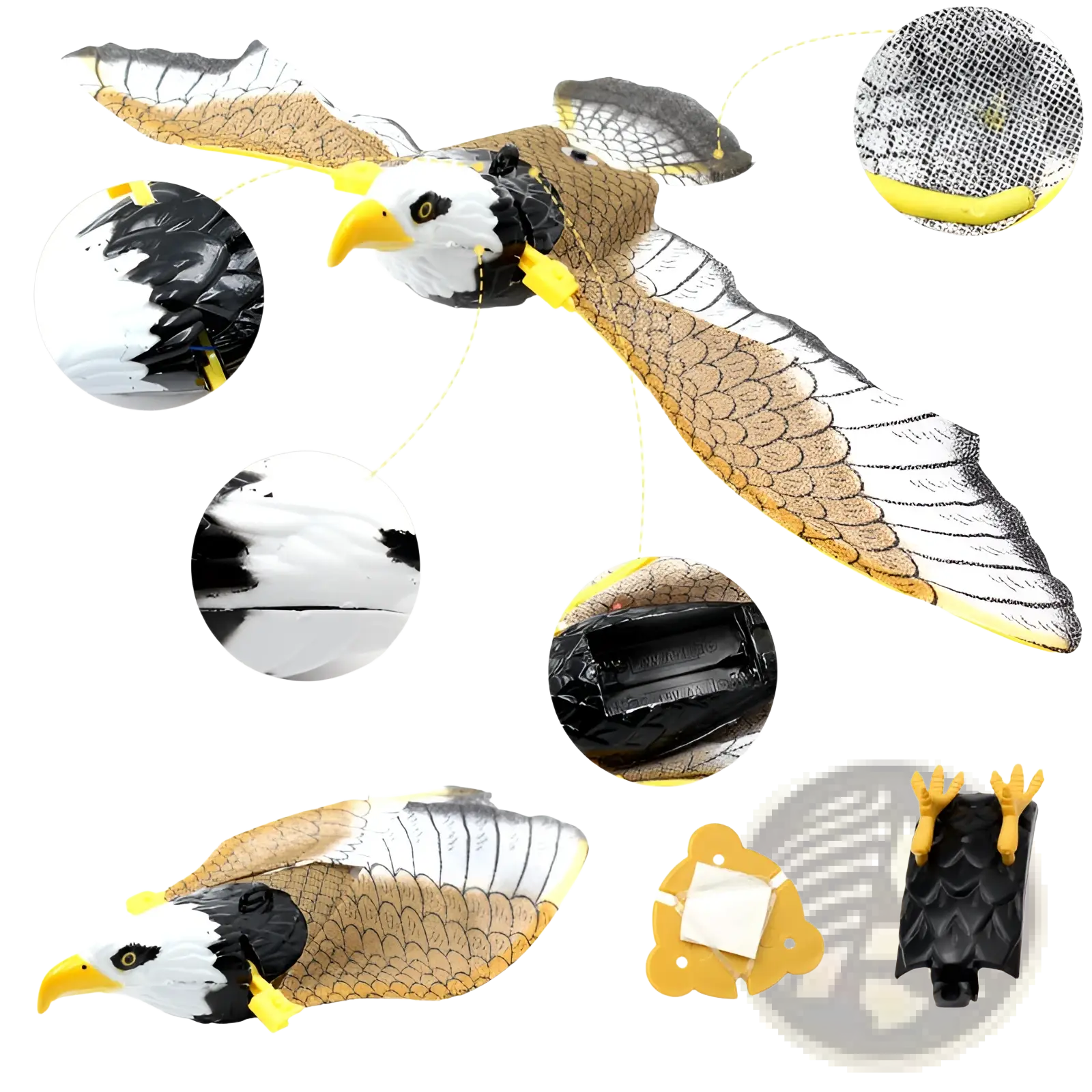 Interactive flying bird cat toy featuring a detailed plastic bald eagle with white head black body yellow beak and talons
