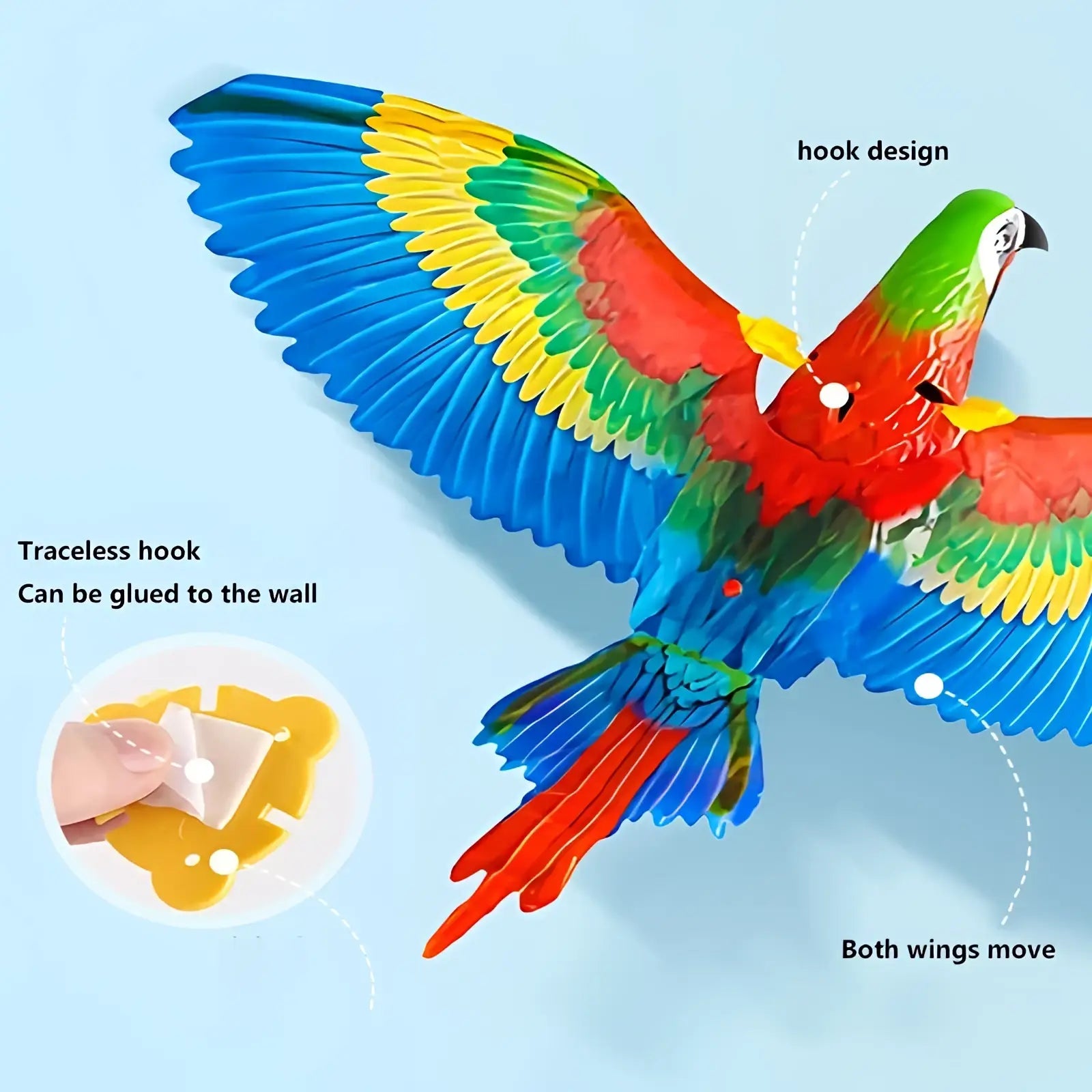 Vibrant multi-colored parrot-shaped interactive flying bird cat toy with articulated wings and traceless hook for mounting