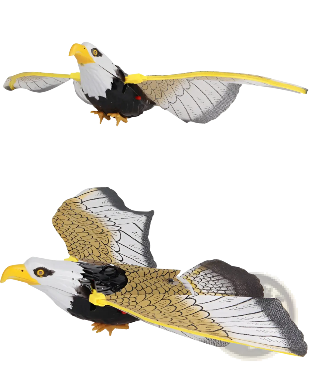 Interactive flying bird cat toy eagle made of detailed plastic with white head, black body, yellow beak and talons