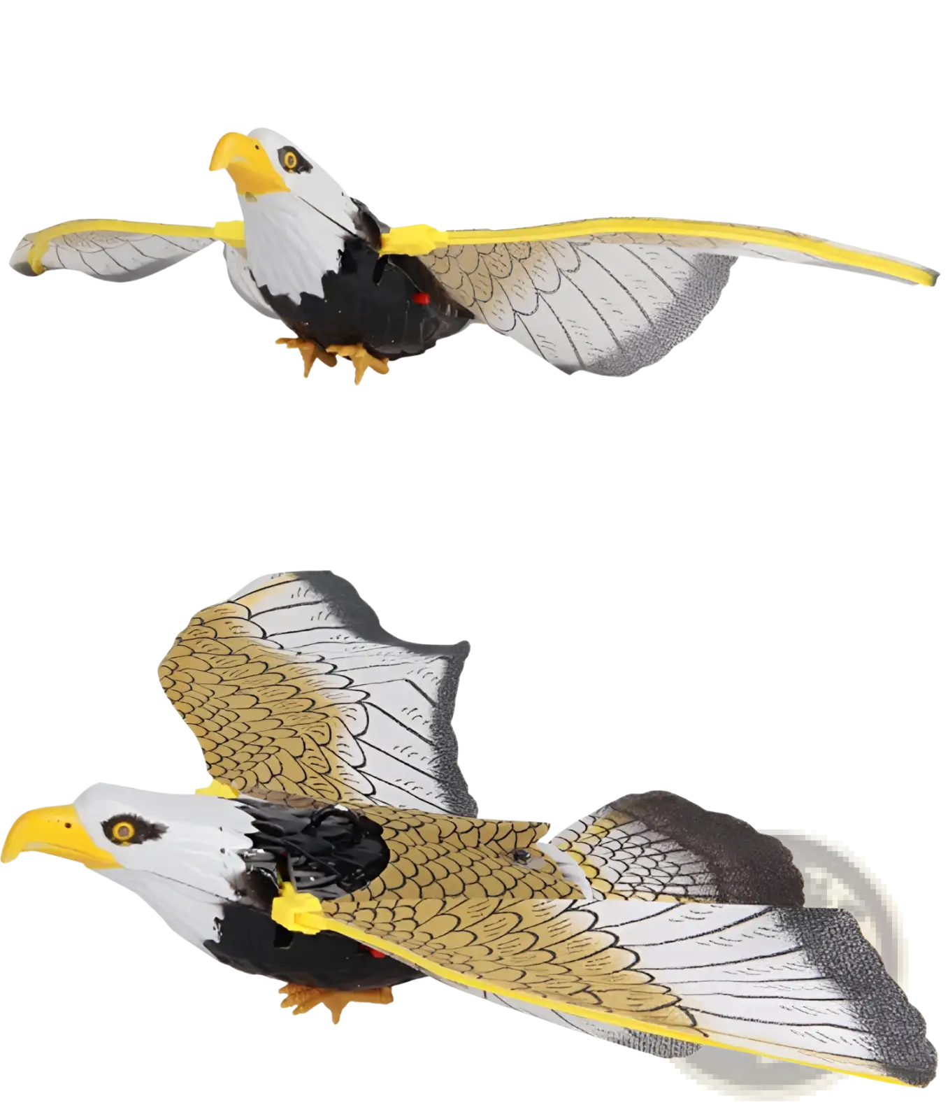 Interactive flying bird cat toy eagle made of detailed plastic with white head, black body, yellow beak and talons
