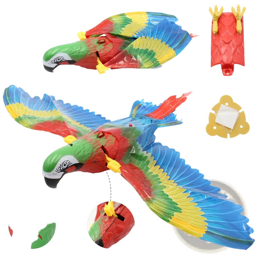 Vibrant multi-colored plastic interactive flying bird cat toy with detailed feather patterns and yellow feet