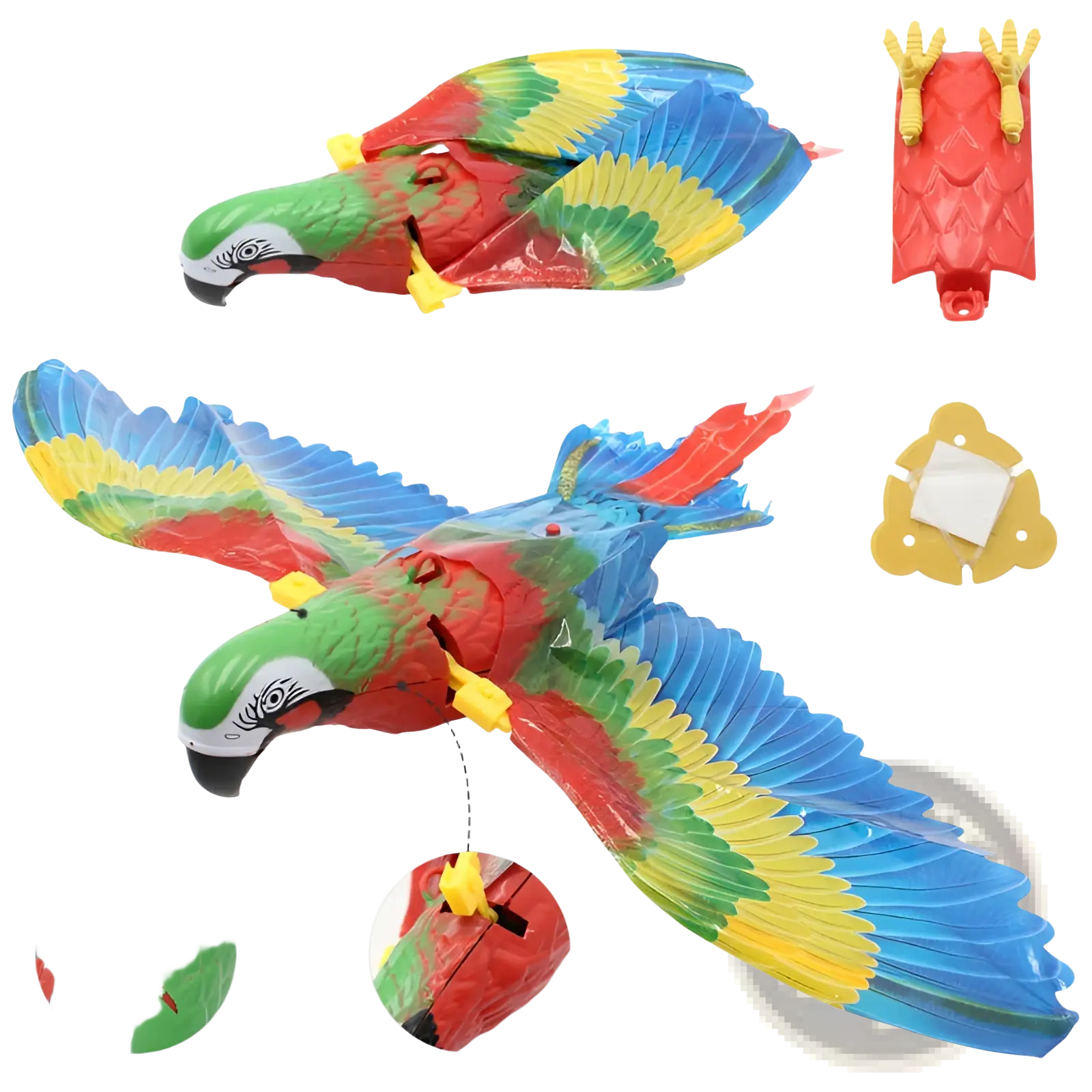 Vibrant multi-colored plastic interactive flying bird cat toy with detailed feather patterns and yellow feet