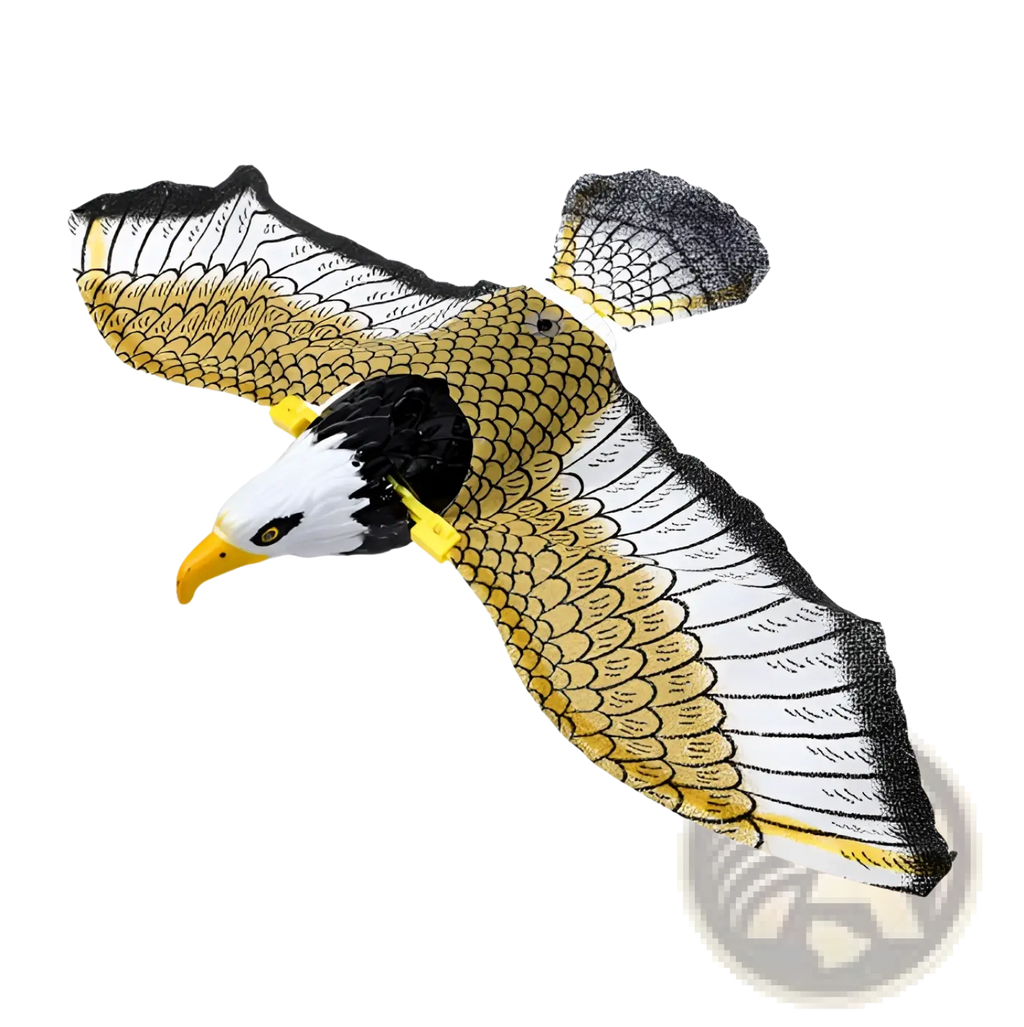 Detailed plastic interactive flying bird cat toy eagle with yellow white wings black head and sharp orange beak