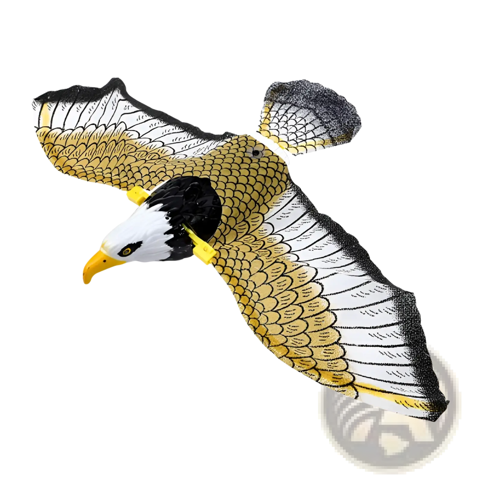 Detailed plastic interactive flying bird cat toy eagle with yellow white wings black head and sharp orange beak