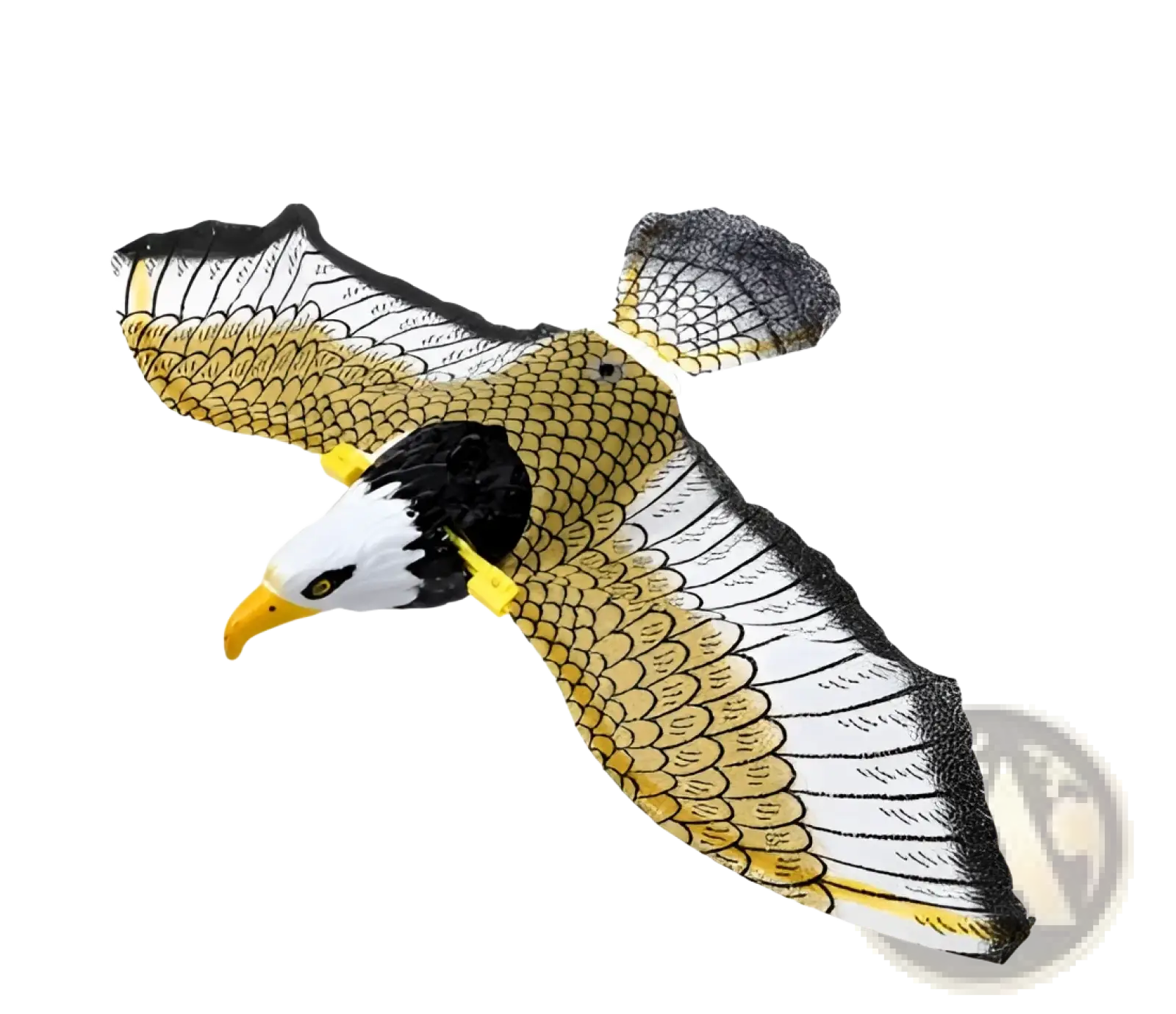 Interactive flying bird cat toy yellow and white plastic eagle kite with black wingtips and detailed feather patterns