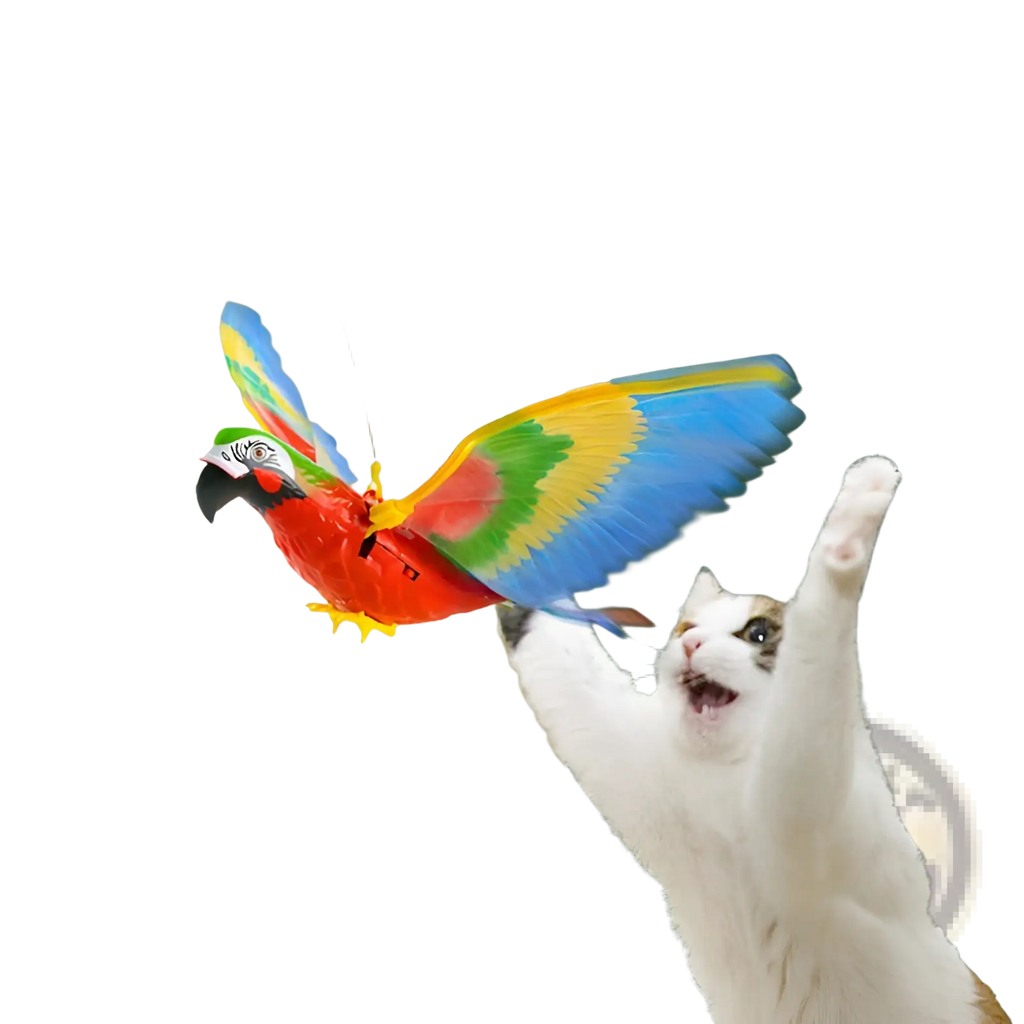 Interactive flying bird cat toy shaped like a vibrant red and blue parrot with colorful wings to entertain cats