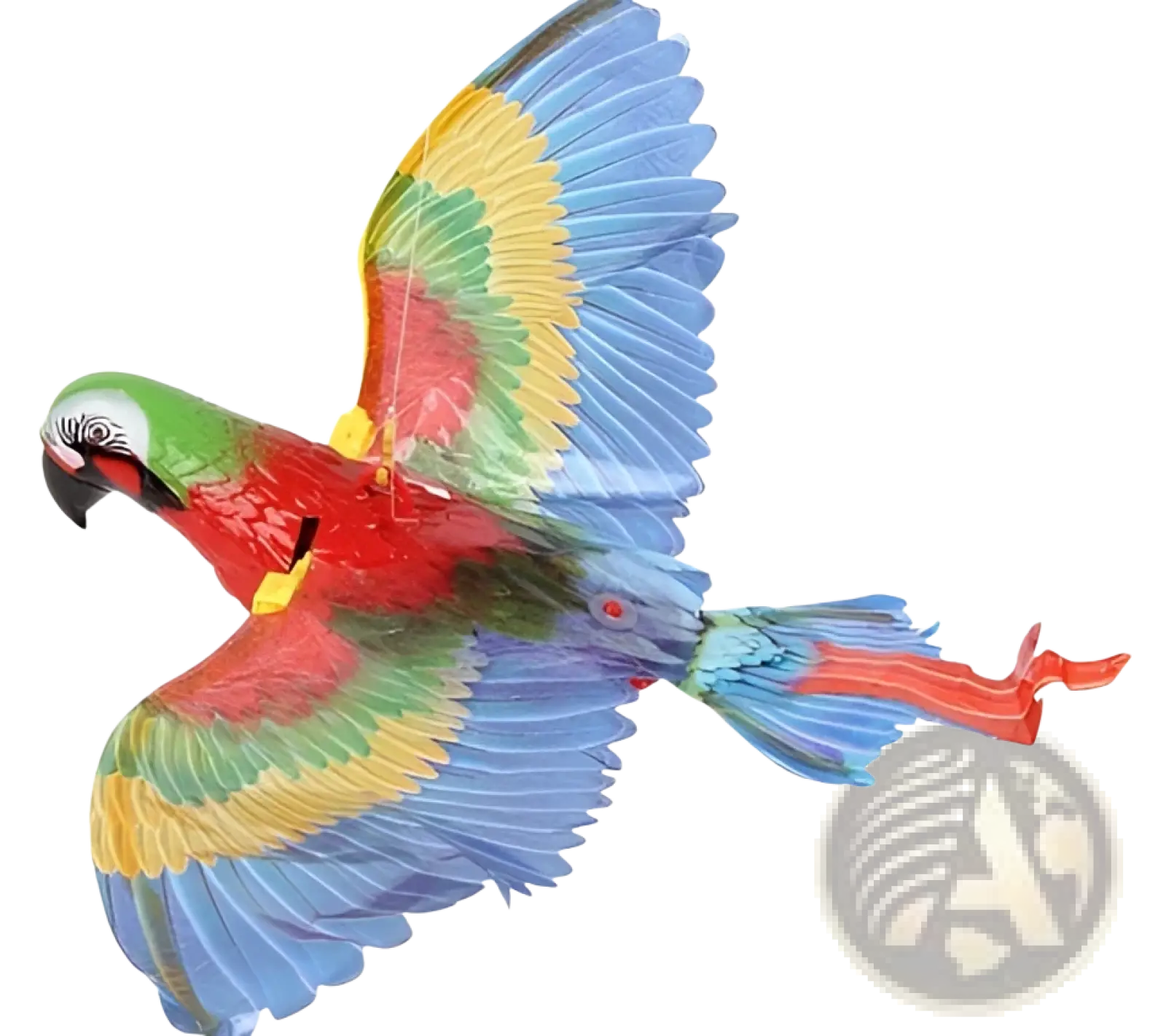 Vibrant multicolored parrot-shaped interactive flying bird cat toy with wings spread wide hanging eagle design