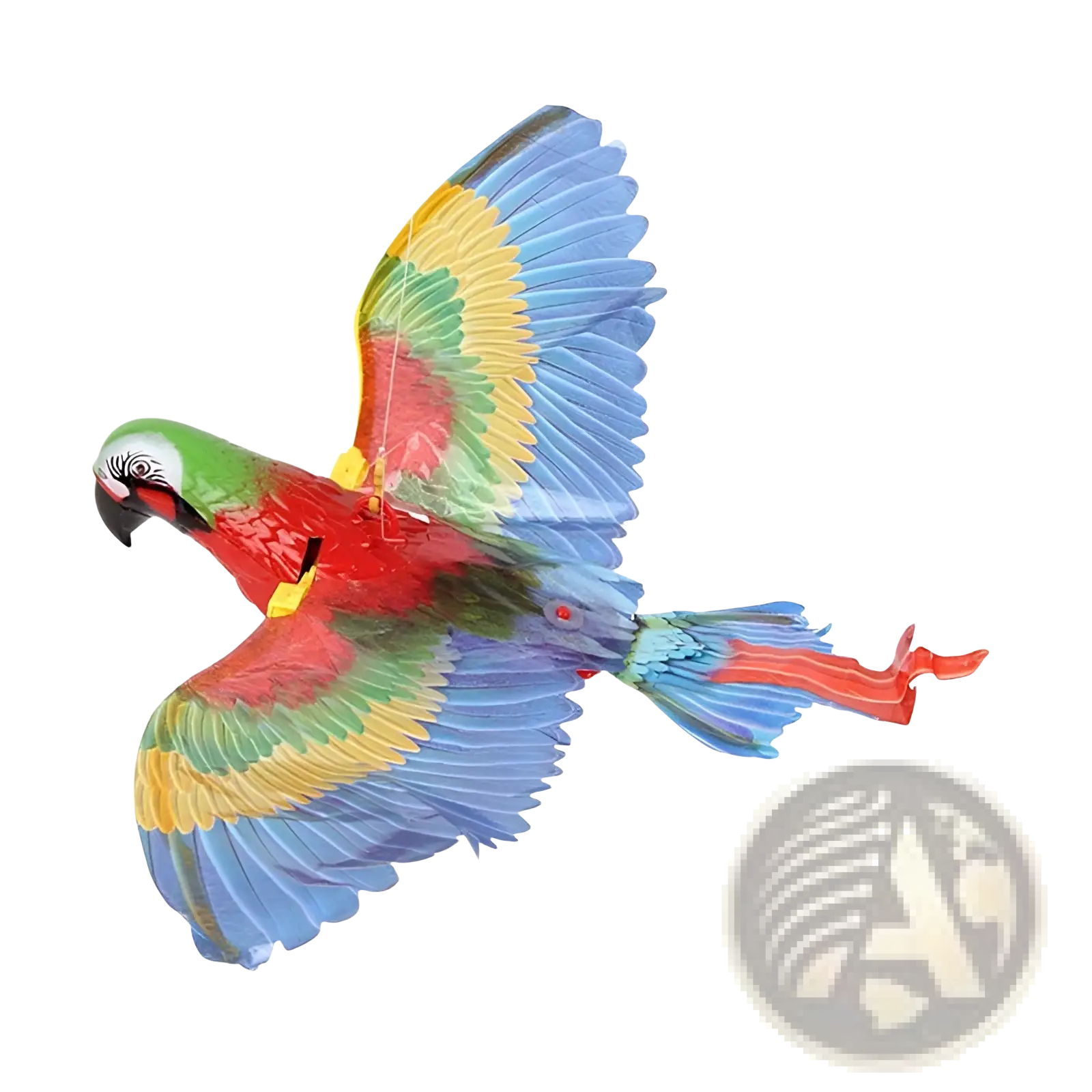 Interactive flying bird cat toy with colorful plastic feathers and a glowing red eye in the inset image