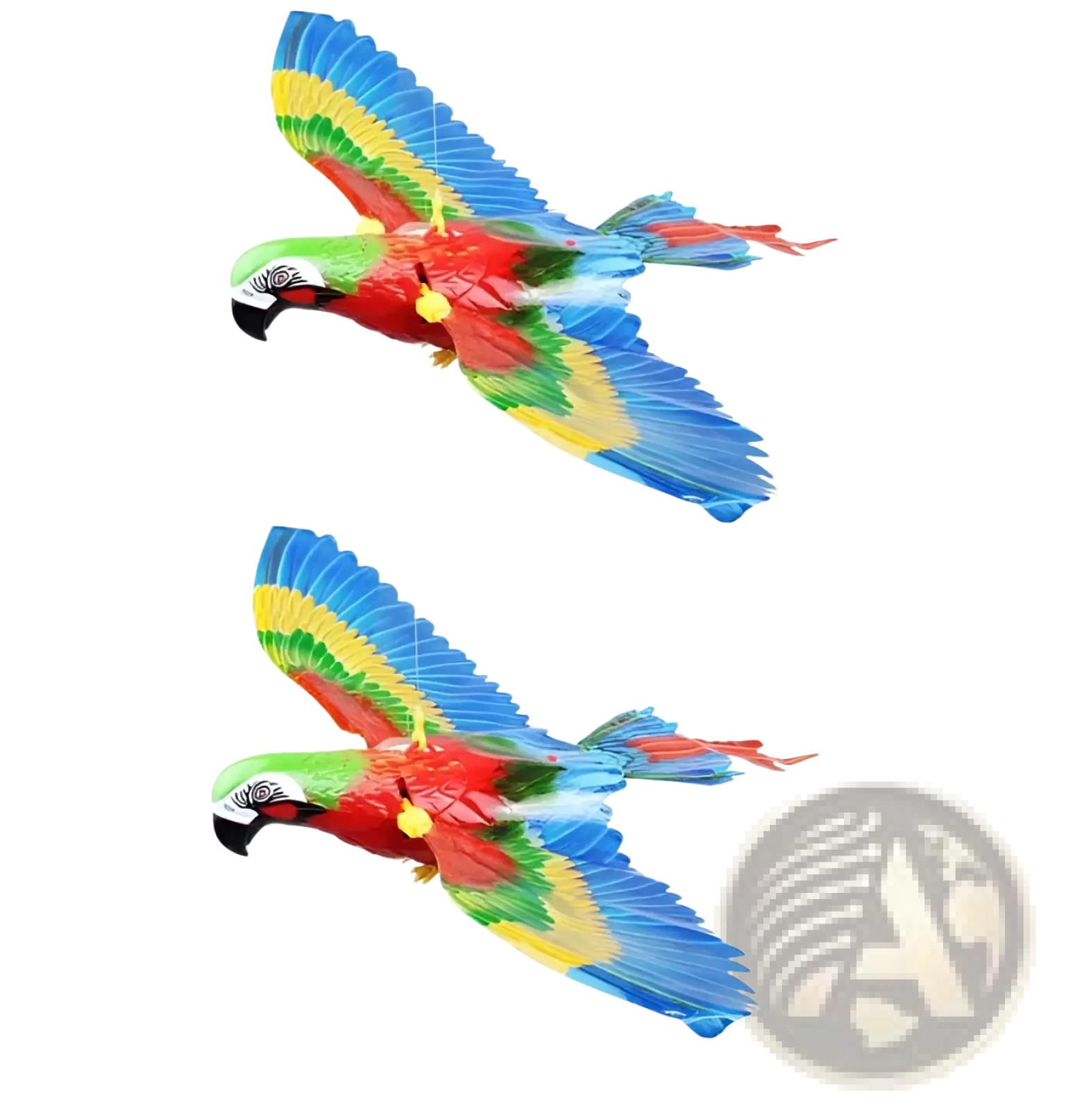 Interactive flying bird cat toy shaped like a vibrant multi-colored parrot kite with detailed feathers and yellow chest bell