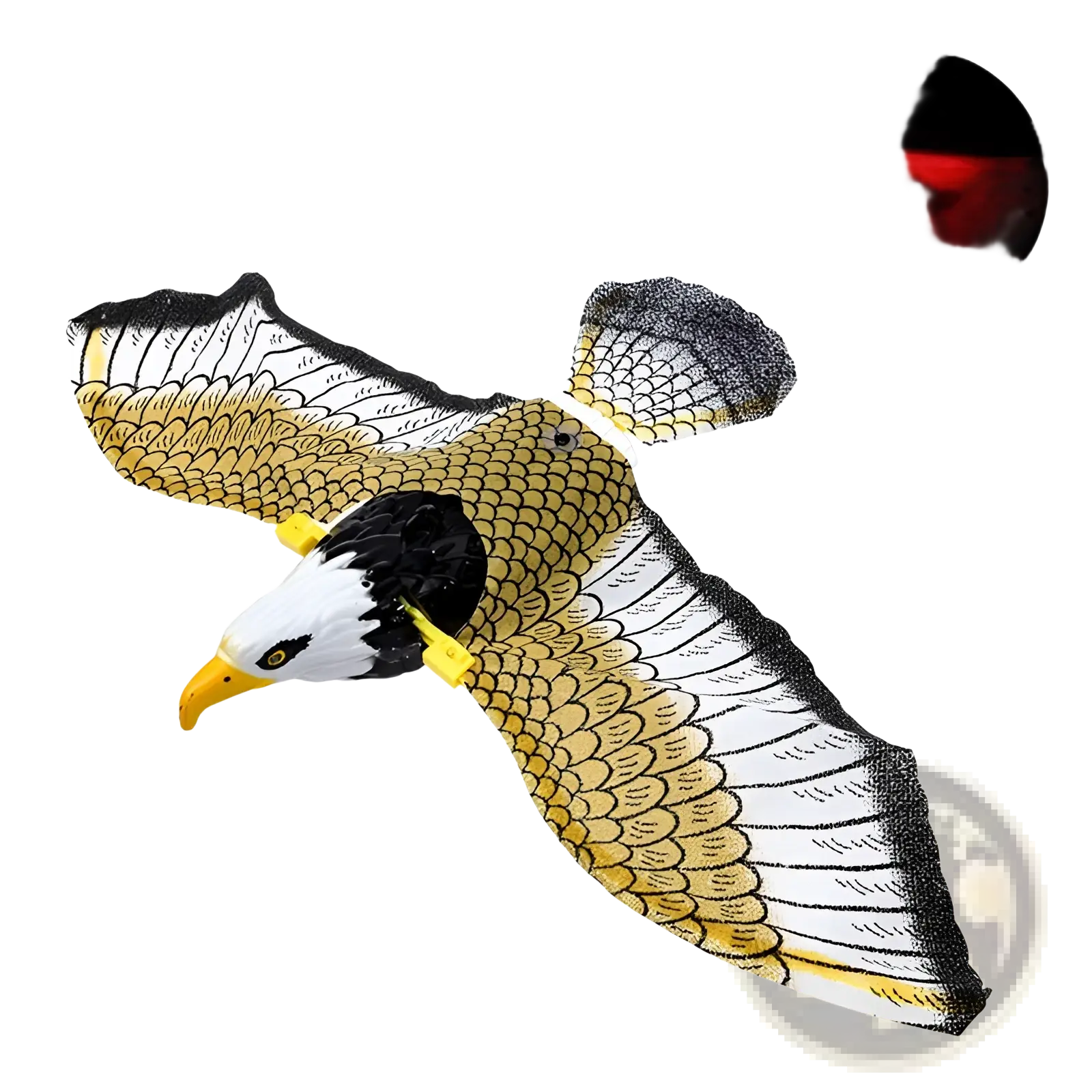 Interactive flying bird cat toy featuring a detailed plastic eagle decoy with yellow white and black feathers and red LED light