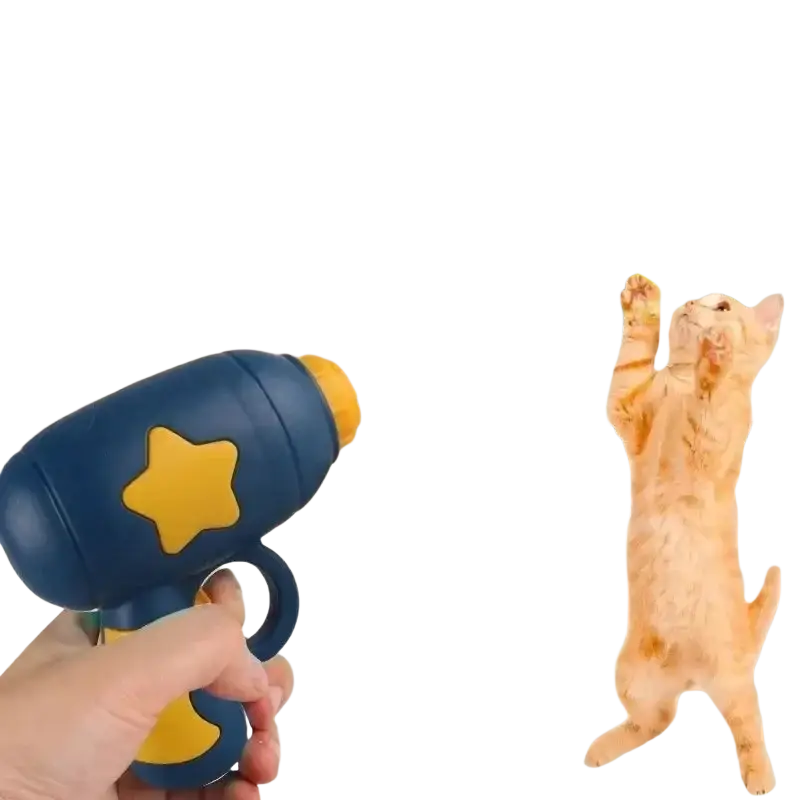 Interactive flying disc cat toy gun made of blue and yellow plastic with a star design for pet play