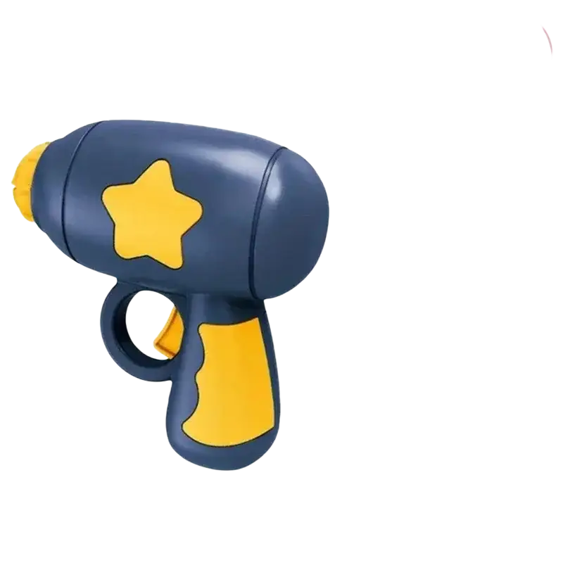 Blue and yellow plastic interactive flying disc cat toy gun with a star emblem for pet play and exercise