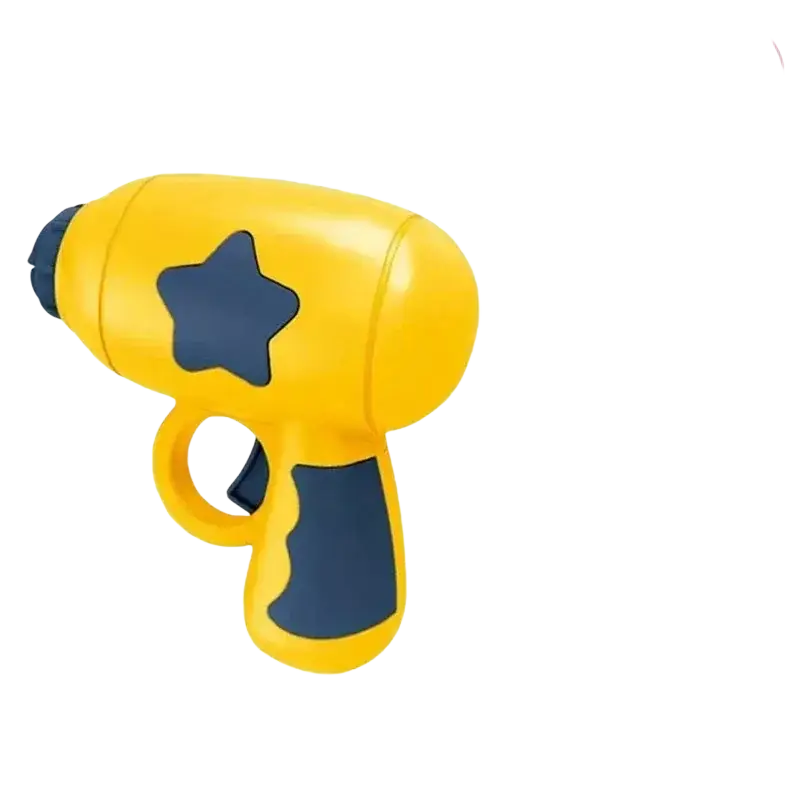Bright yellow plastic interactive flying disc cat toy gun with navy blue star and grip accents