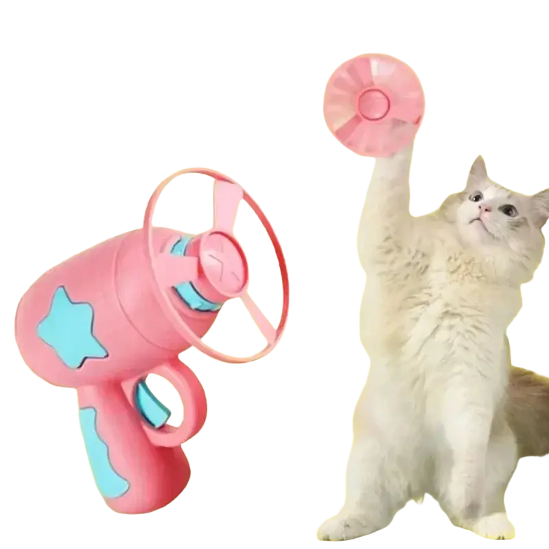 Pink plastic interactive flying disc cat toy gun with light blue star and wing accents for pet play